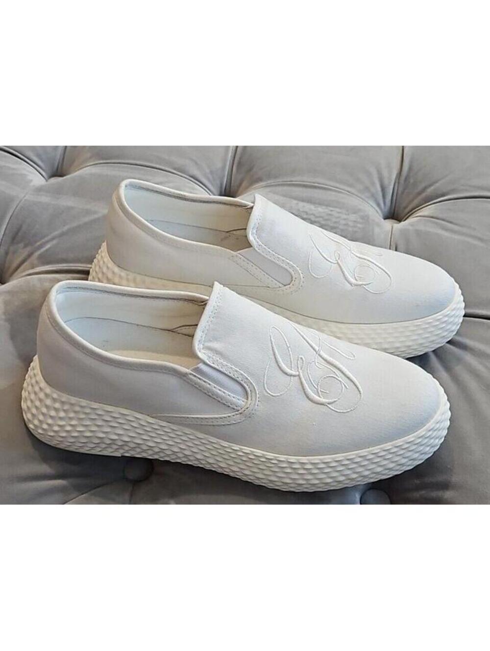 Emporio Armani White Canvas Embroidered Lpgo Slip On Platform Sneaker Loafers 7